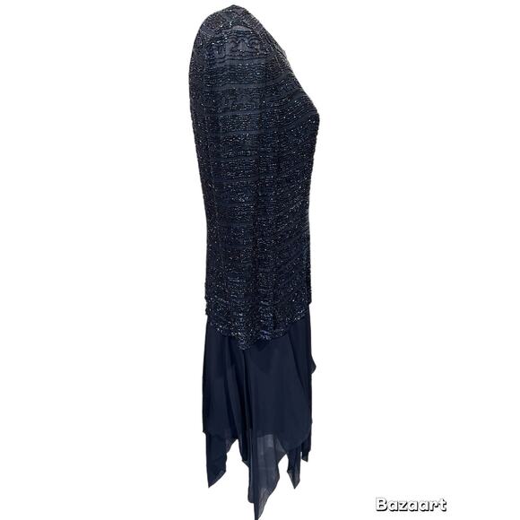 Black Tie Oleg Cassini Dress Size 14 Navy Blue Beaded Long Sleeve Lined Zip Back - Picture 3 of 5